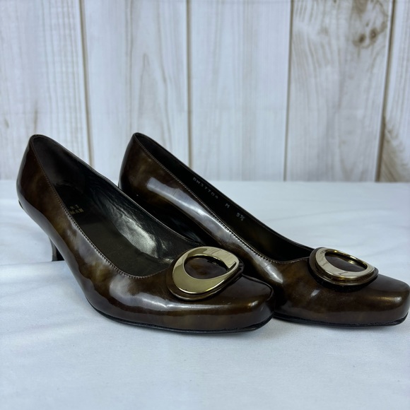 Stuart Weitzman Copper Brown Gold Swirl Pumps Kitten Heel Leather Heels Size 5.5 - Picture 10 of 16